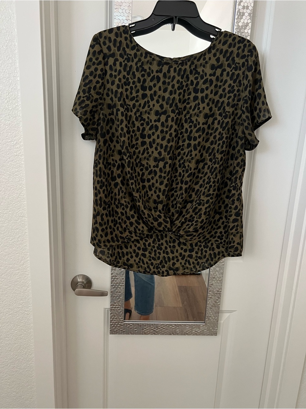 Olive Green Leopard Twist-Front Women's Top